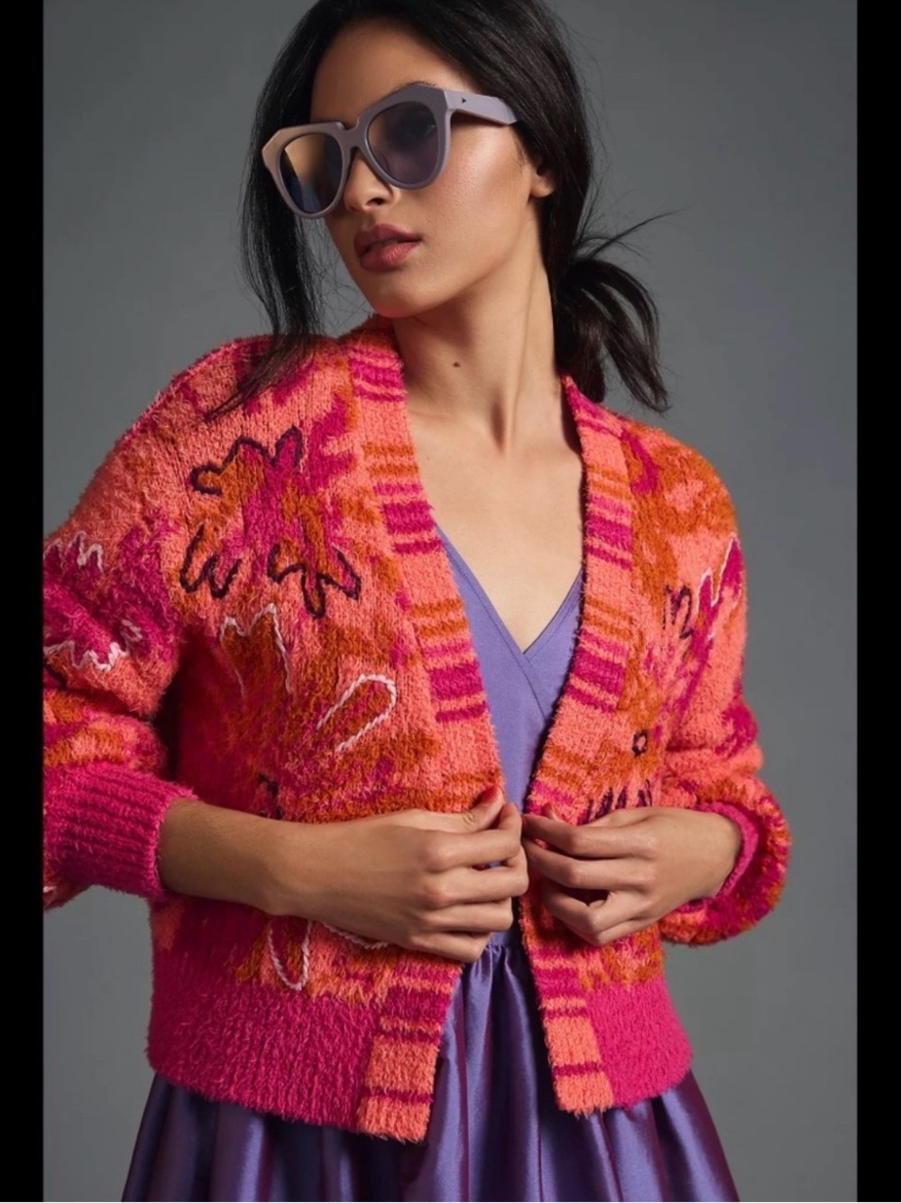 Anthropologie Coral Multi Floral Embroidered Fuzzy Cardigan